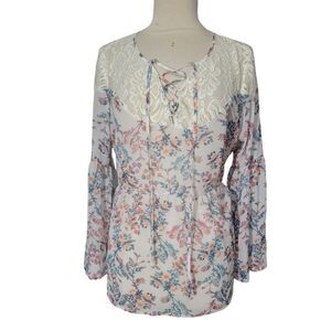 Decree Women's Sz XL White floral Boho Long Sleeve Lace Blouse Top Lightweight